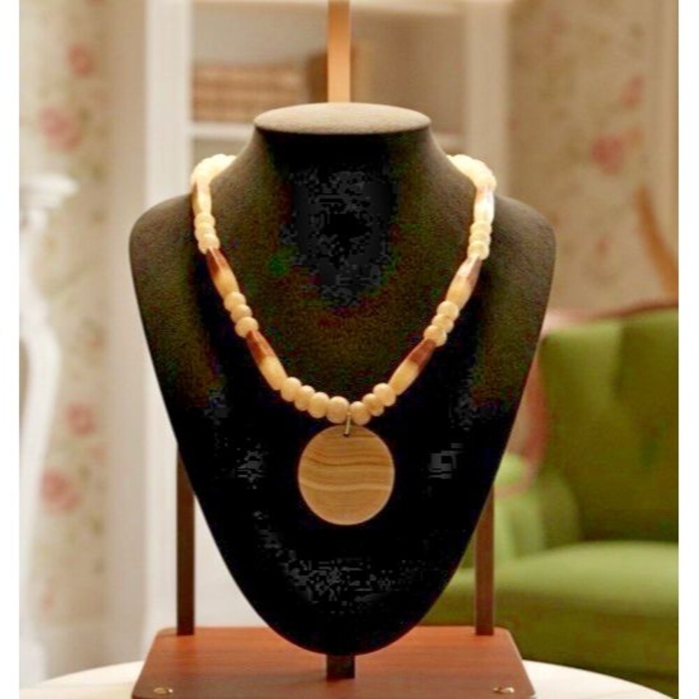 Onyx & Natural Stone Beaded Necklace 24” with 1.5” Round Pendant